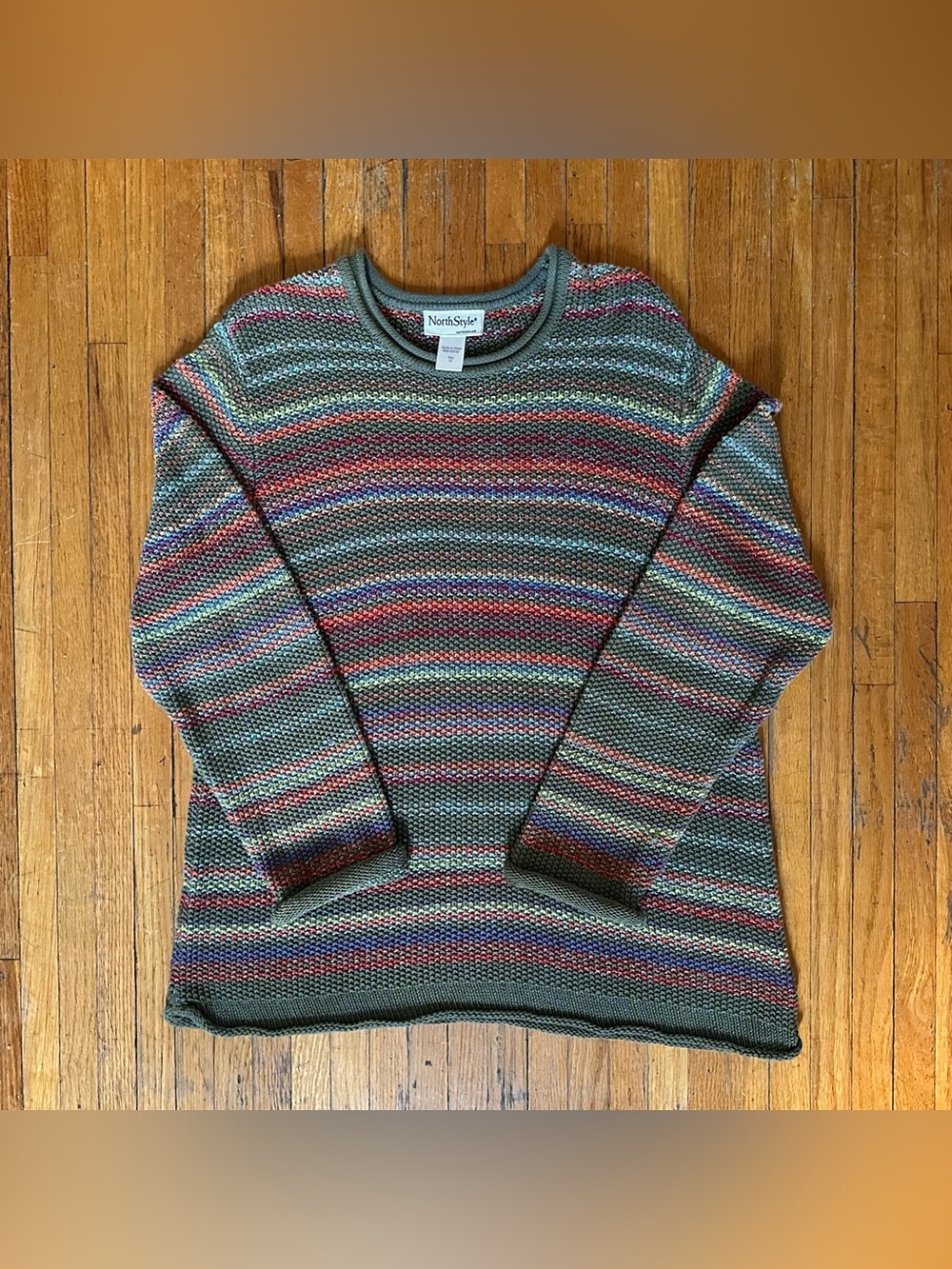 NorthStyle Olive Crewneck Sweater with Multicolor Stripes